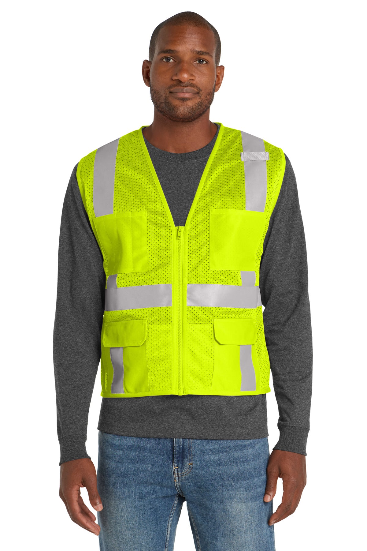 CornerStone ANSI 107 Class 2 Mesh Six-Pocket Zippered Vest. CSV104 - EMBROIDERED