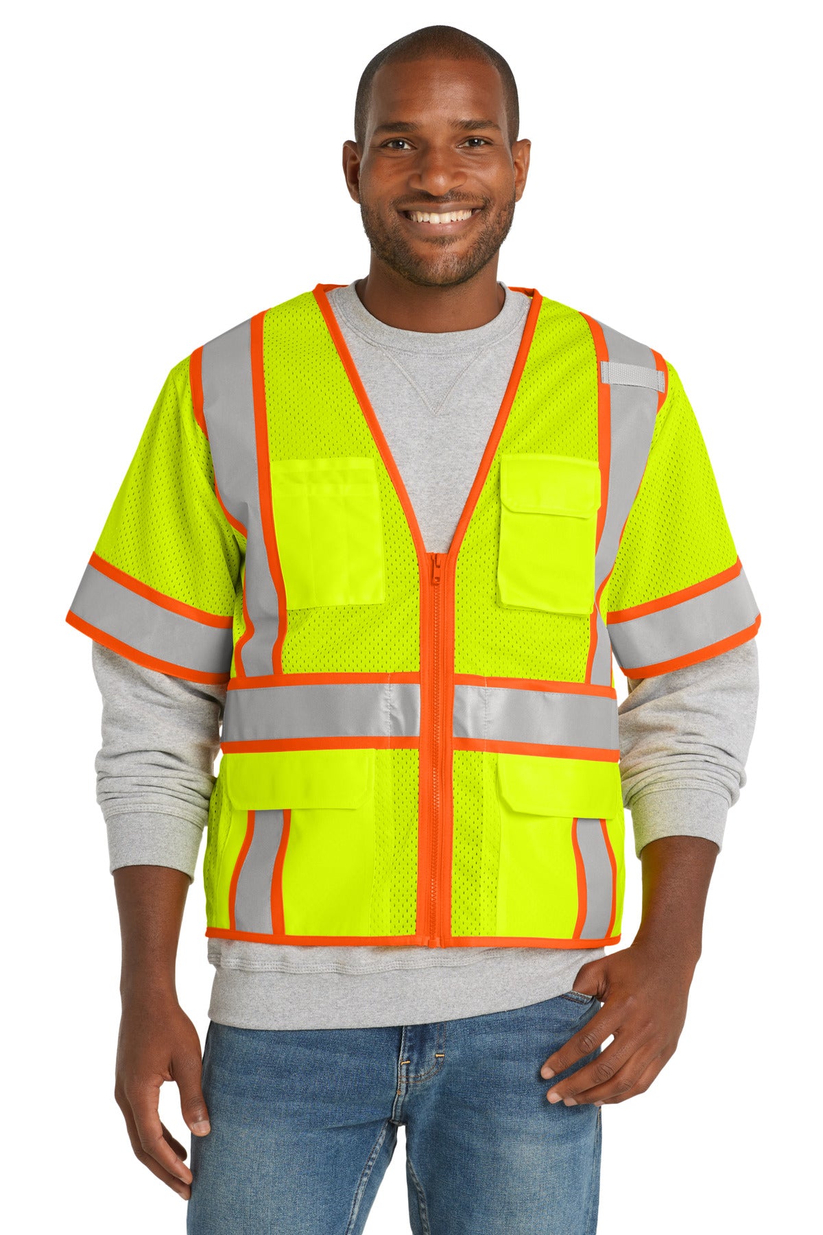 CornerStone ANSI 107 Class 3 Surveyor Mesh Zippered Two-Tone Short Sleeve Vest. CSV106 - EMBROIDERED