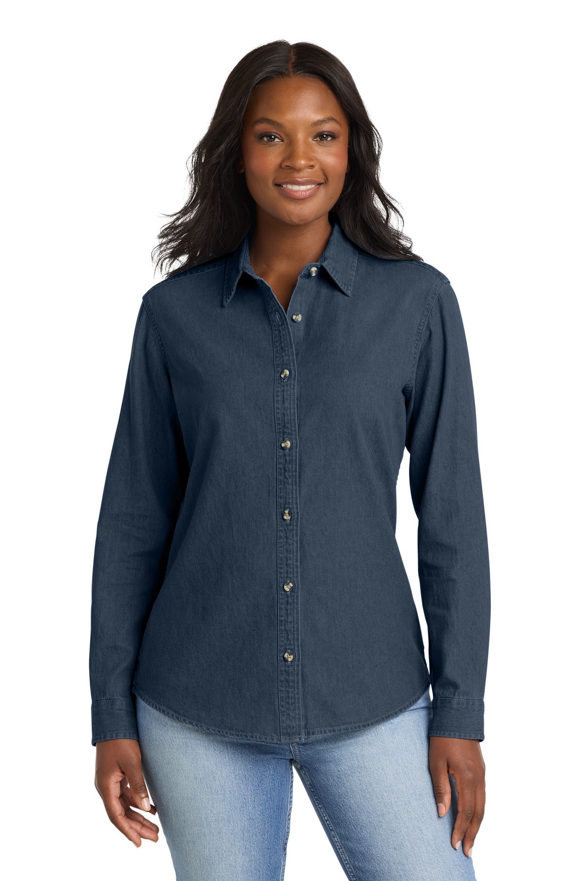 Port & Co Women's Long Sleeve Value Denim Shirt. LSP10 - EMBROIDERED