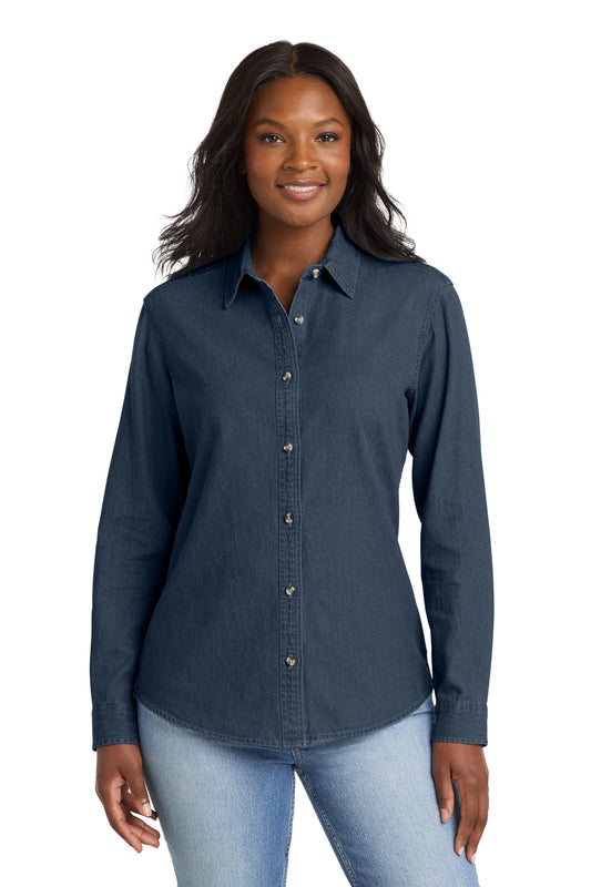 Port & Co Women's Long Sleeve Value Denim Shirt. LSP10 - EMBROIDERED