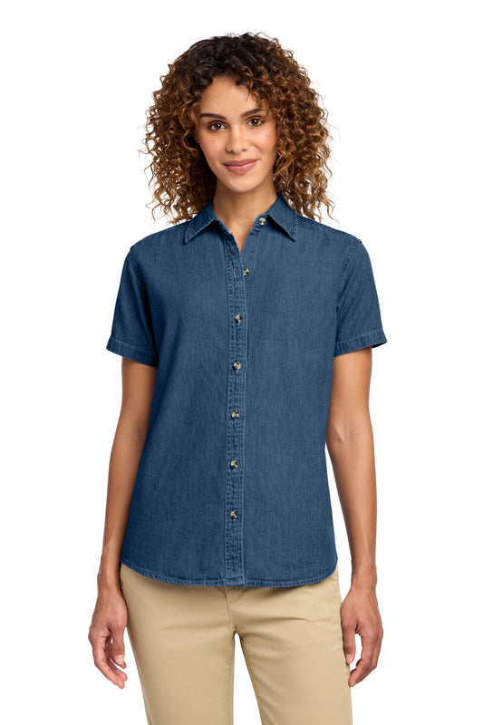 Port & Co Women's Short Sleeve Value Denim Shirt. LSP11 - EMBROIDERED