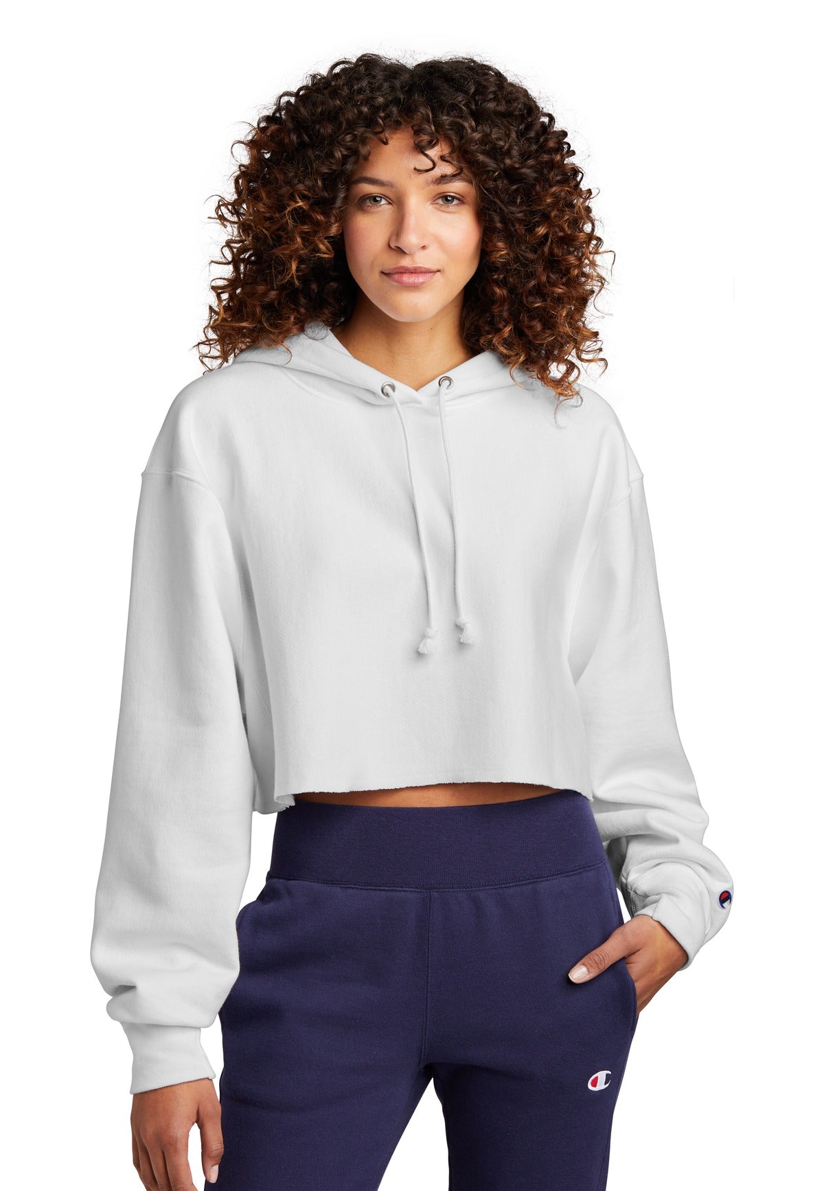 Champion Women's Reverse Weave Cropped Cut-Off Hooded Sweatshirt RW01W - EMBROIDERED