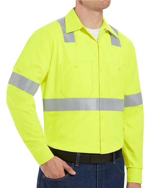 Red Kap Men's High Visibility Safety Long Sleeve Work Shirt - SS14HV - EMBROIDERED