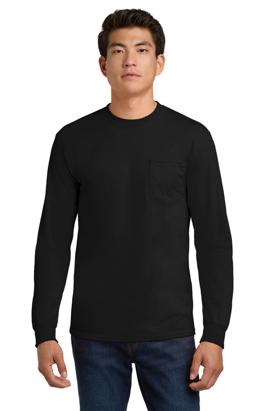 Gildan - Ultra Cotton 100% US Cotton Long Sleeve T-Shirt with Pocket.  2410 - EMBROIDERED