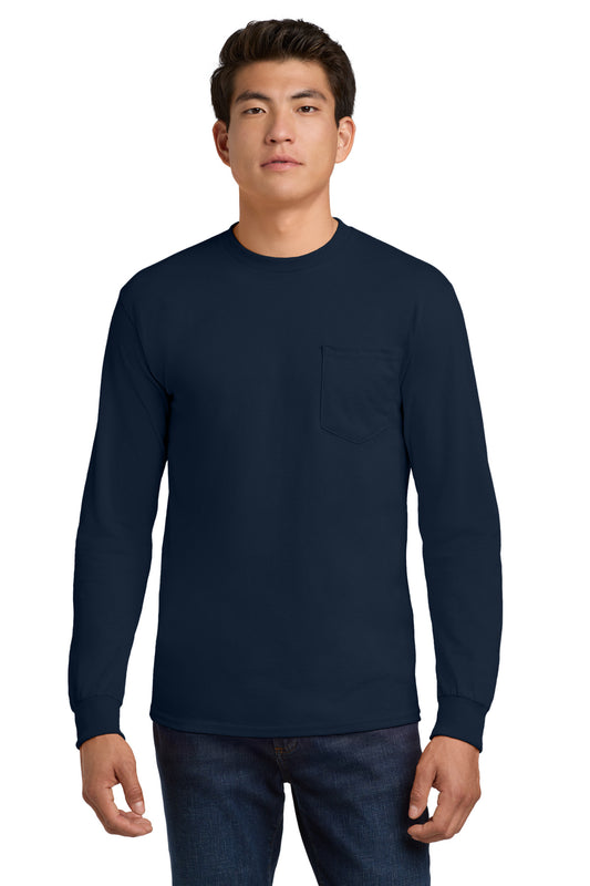 Gildan - Ultra Cotton 100% US Cotton Long Sleeve T-Shirt with Pocket.  2410 - EMBROIDERED