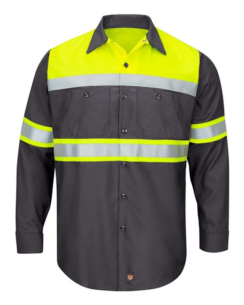 Red Kap Men's Tall Hi-Visibility Colorblock Ripstop Long Sleeve Work Shirt - SY70T - EMBROIDERED