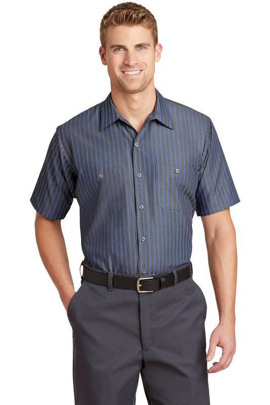 Red Kap Short Sleeve Striped Industrial Work Shirt.  CS20 - EMBROIDERED