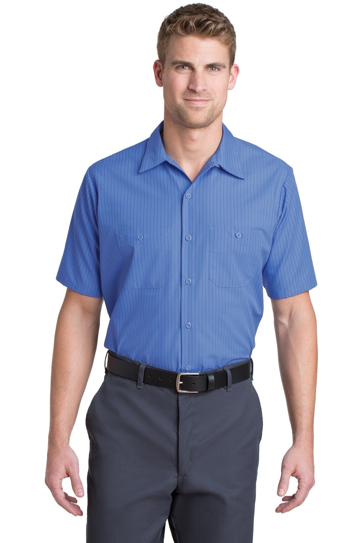 Red Kap Short Sleeve Striped Industrial Work Shirt.  CS20 - EMBROIDERED
