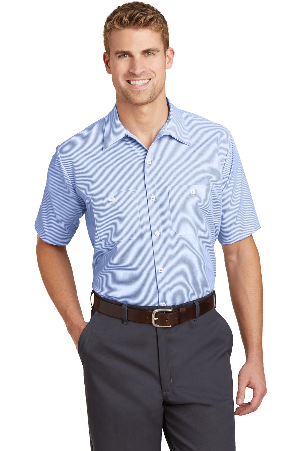 Red Kap Short Sleeve Striped Industrial Work Shirt.  CS20 - EMBROIDERED