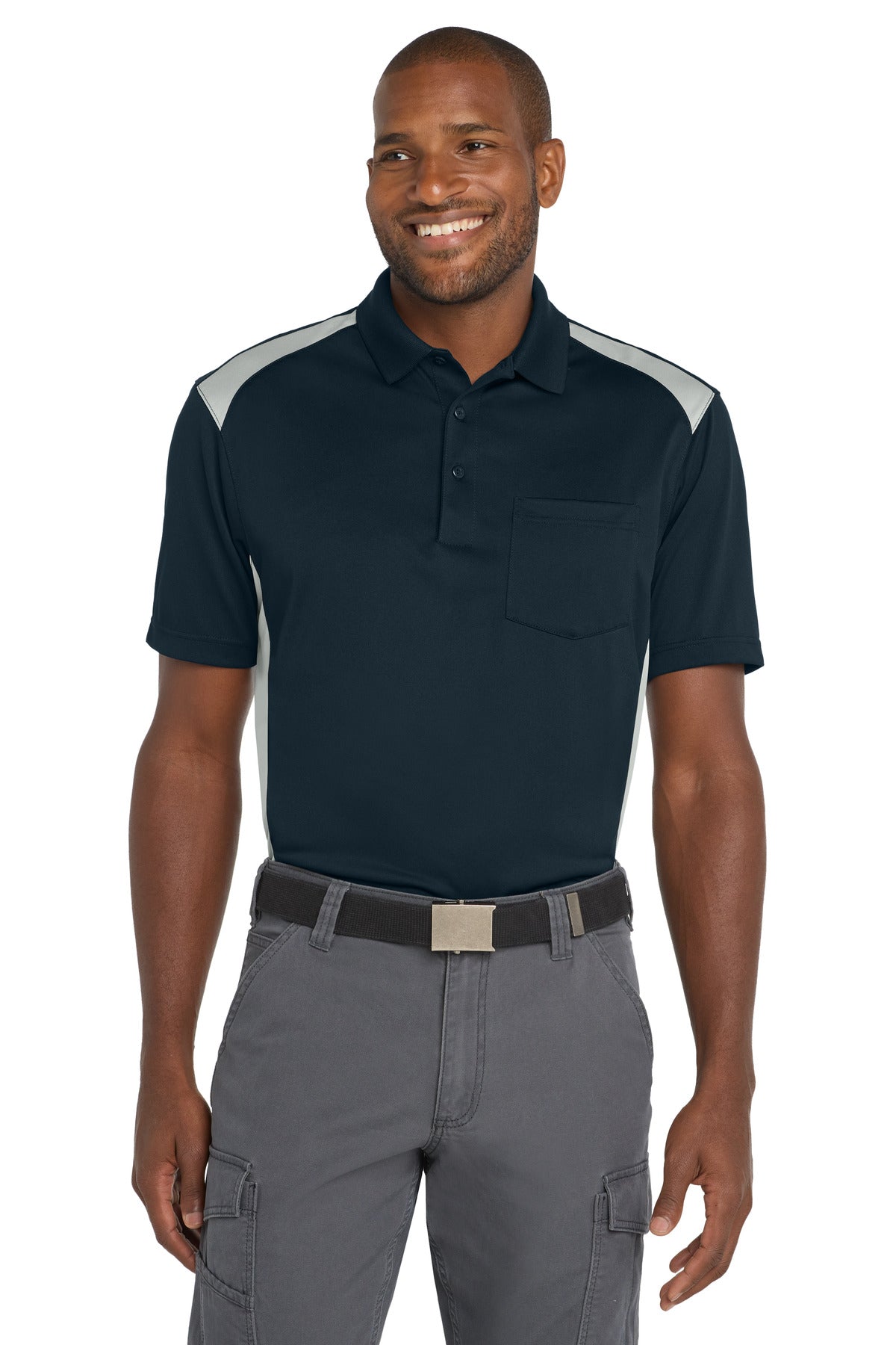 CornerStone Select Snag-Proof Two Way Colorblock Pocket Polo. CS416 - EMBROIDERED