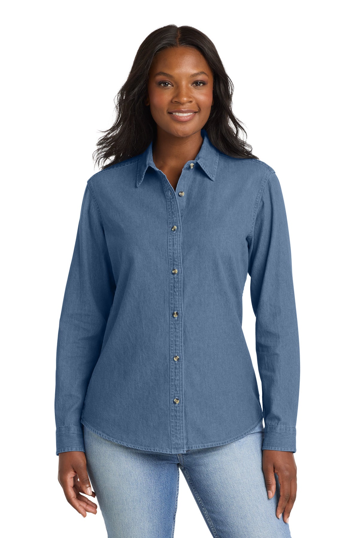 Port & Co Women's Long Sleeve Value Denim Shirt.  LSP10 - EMBROIDERED