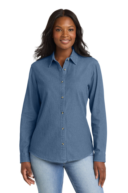 Port & Co Women's Long Sleeve Value Denim Shirt.  LSP10 - EMBROIDERED
