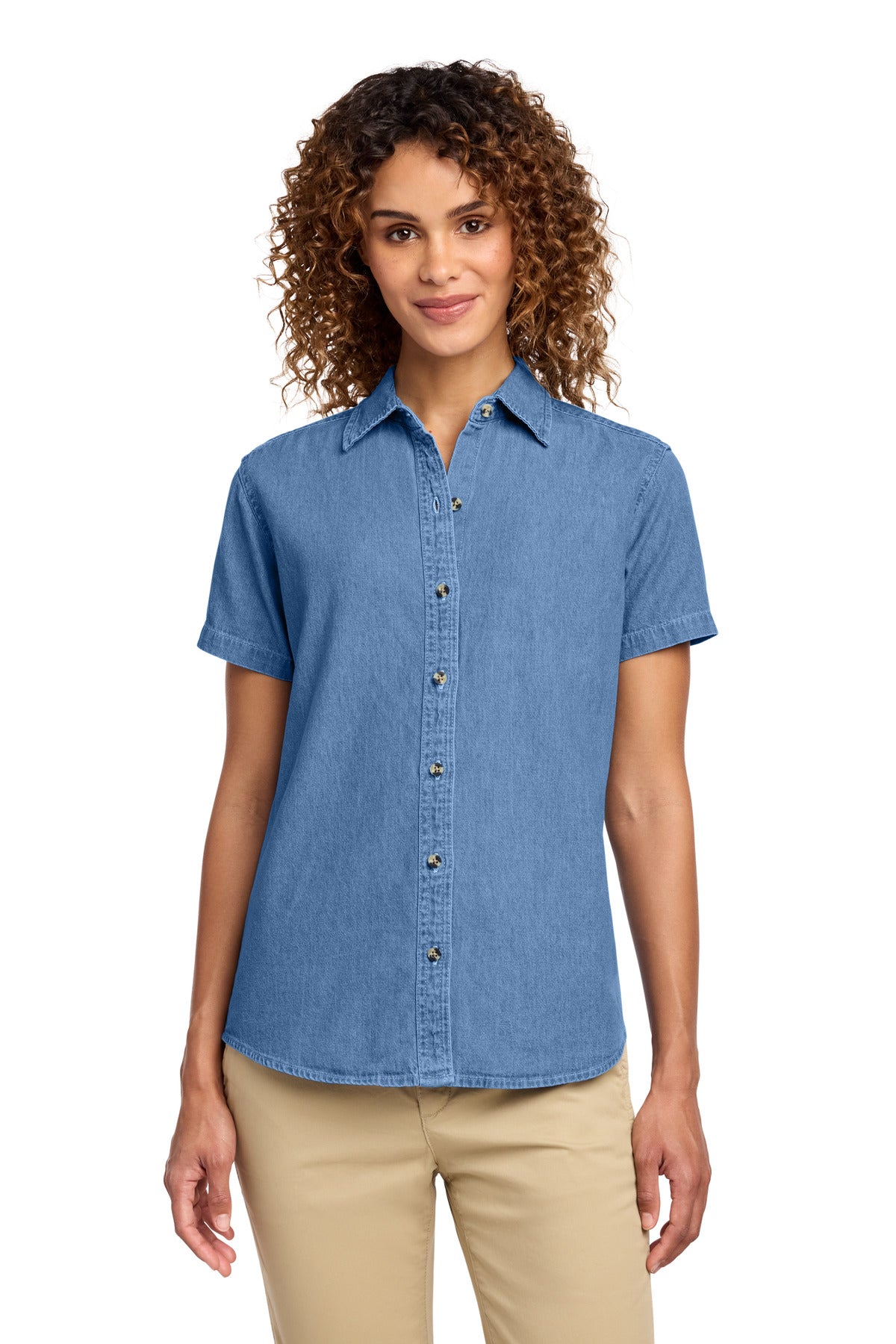 Port & Co Women's Short Sleeve Value Denim Shirt.  LSP11 - EMBROIDERED