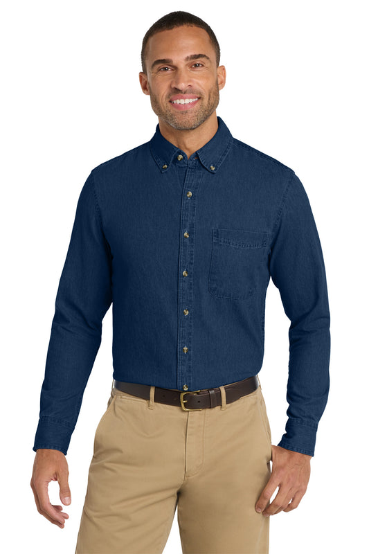 Port & Co Long Sleeve Value Denim Shirt. SP10 - EMBROIDERED